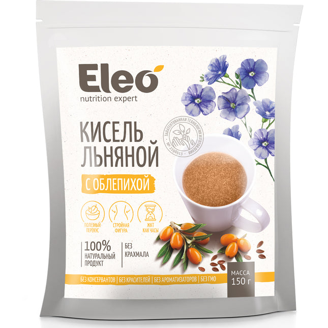 Eleo packaging with a cup of brown powder and flowers on a white background
