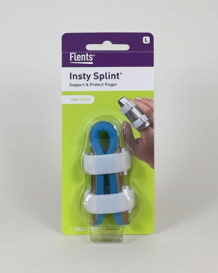 Flents Insty Splint Two-Sided support and protect finger in blister packaging, featuring a blue and white splint with a purple and lime green card backing.
