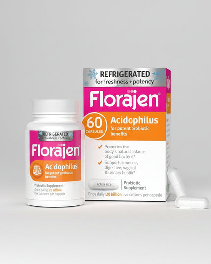 Florajen® Acidophilus is a refrigerated probiotic supplement featuring&nbsp;20 billion live cultures of Lactobacillus acidophilus LA-14® per capsule. This high-potency, single-strain probiotic is designed to support digestive balance, intestinal health, immune function, and healthy microflora throughout the body. Florajen® Acidophilus is especially useful for replenishing beneficial bacteria during and after antibiotic use and is manufactured under Florajen's Cold Chain Commitment™ to help maintain probioti