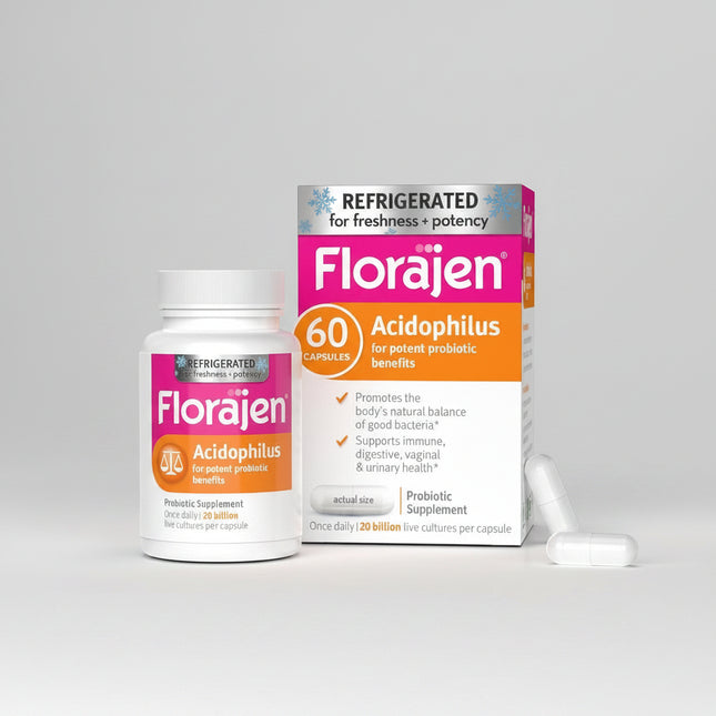Florajen® Acidophilus is a refrigerated probiotic supplement featuring&nbsp;20 billion live cultures of Lactobacillus acidophilus LA-14® per capsule. This high-potency, single-strain probiotic is designed to support digestive balance, intestinal health, immune function, and healthy microflora throughout the body. Florajen® Acidophilus is especially useful for replenishing beneficial bacteria during and after antibiotic use and is manufactured under Florajen's Cold Chain Commitment™ to help maintain probioti