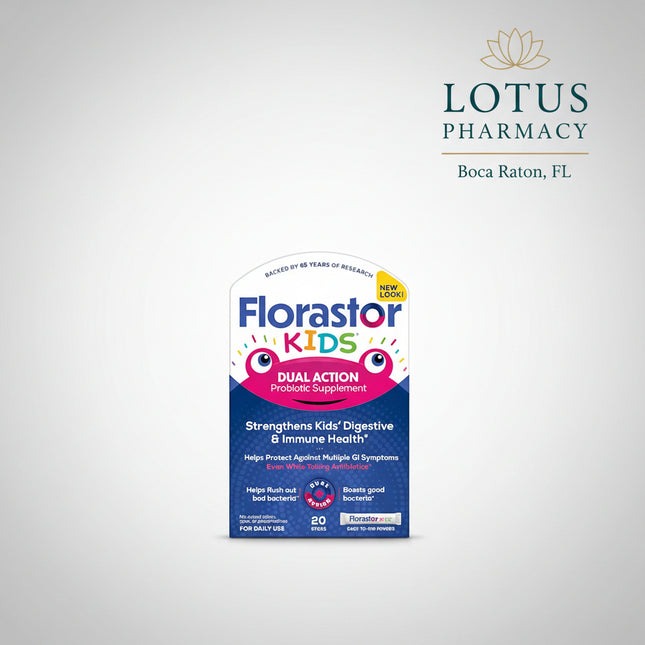 Florastor Kids is an easy-to-mix probiotic powder formulated to support digestive balance and immune health in children. It contains the specific probiotic yeast strain Saccharomyces boulardii CNCM I-745, the signature strain used in Florastor products. The powder can be mixed into soft foods or beverages, making it convenient for children who may not be able to swallow capsules.