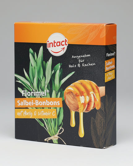 Florimel Salbei-Bonbons are herbal throat lozenges made with natural sage (Salvia officinalis) extract and complementary botanicals. These soothing candies are designed to help comfort and calm the throat and oral mucosa, especially during periods of dryness, irritation, or mild throat discomfort. They provide gentle support for throat wellness in a pleasant, easy-to-use form