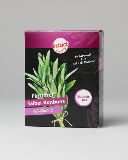 Florimel Salbei-Bonbons are herbal throat lozenges made with natural sage (Salvia officinalis) extract and complementary botanicals. These soothing candies are designed to help comfort and calm the throat and oral mucosa, especially during periods of dryness, irritation, or mild throat discomfort. They provide gentle support for throat wellness in a pleasant, easy-to-use form