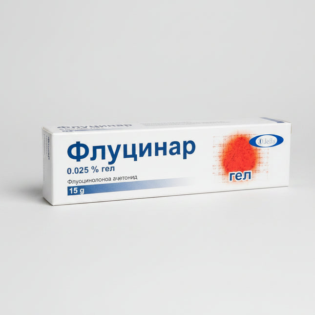 Flucinar Gel is a topical corticosteroid formulated to provide fast, targeted relief from inflammatory skin conditions such as eczema, dermatitis, and psoriasis. It contains fluocinolone acetonide 0.025%, which helps calm inflammatory reactions in the skin by reducing redness, itching, swelling, and irritation.
