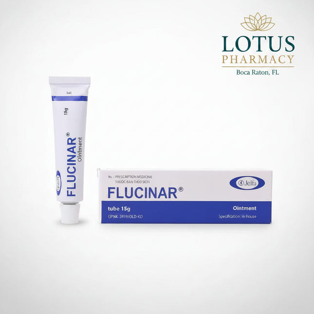 Flucinar Ointment is a topical corticosteroid formulated to provide fast, targeted relief from inflammation, redness, itching, and swelling associated with various inflammatory and allergic skin conditions. It contains fluocinolone acetonide 0.025%, which helps calm irritated skin and reduce inflammatory reactions.