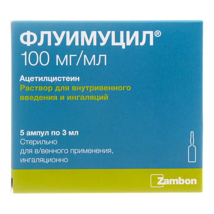 Blue and green box of Fluimucil with medical text and Zambon logo