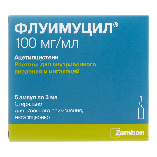 Blue and green box of Fluimucil with medical text and Zambon logo