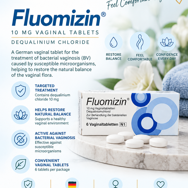 Fluomizin® 10 mg Vaginal Tablets – 6 Tablets | Dequalinium Chloride for Bacterial Vaginosis