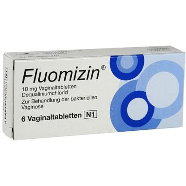 Box of Fluomizin vaginal tablets on a white background