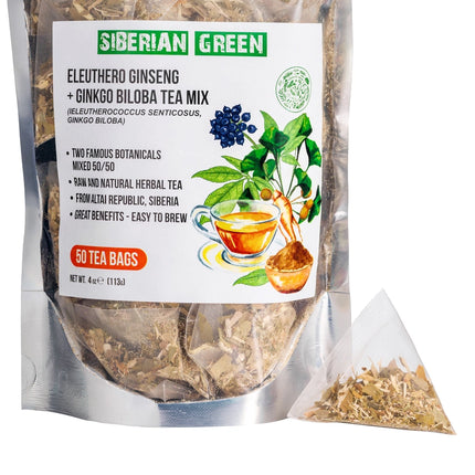 Siberian Green Ginkgo Biloba Tea with Eleuthero Root is a caffeine-free herbal blend made with wild-harvested botanicals from the Altai region of Siberia. The formula combines 50% ginkgo biloba leaf and 50% eleuthero root, also known as Siberian ginseng.

The tea has a smooth, earthy herbal flavor and is designed for daily wellness use. Ginkgo biloba is traditionally associated with cognitive and circulatory support, while eleuthero is commonly used as an adaptogenic herb for vitality and resilience.