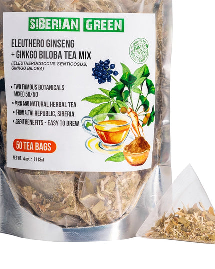 Siberian Green Ginkgo Biloba Tea with Eleuthero Root is a caffeine-free herbal blend made with wild-harvested botanicals from the Altai region of Siberia. The formula combines 50% ginkgo biloba leaf and 50% eleuthero root, also known as Siberian ginseng.

The tea has a smooth, earthy herbal flavor and is designed for daily wellness use. Ginkgo biloba is traditionally associated with cognitive and circulatory support, while eleuthero is commonly used as an adaptogenic herb for vitality and resilience.
