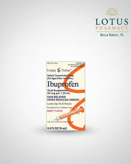 Foster &amp; Thrive Infants' Concentrated Drops contain ibuprofen 50 mg per 1.25 mL and are specially formulated for infants ages 6 to 23 months. This concentrated oral suspension helps temporarily reduce fever and relieve minor aches and pains associated with colds, flu, sore throat, headaches, teething discomfort, and toothaches. The berry-flavored, dye-free formula provides up to 8 hours of relief and includes a dosing syringe for accurate administration.