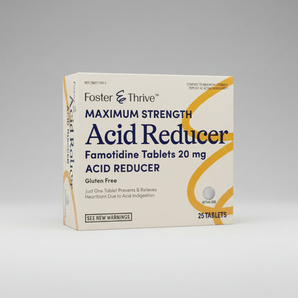 Foster &amp; Thrive® Maximum Strength Acid Reducer contains&nbsp;famotidine 20 mg, the same active ingredient found in maximum-strength Pepcid AC®. It helps both prevent and relieve heartburn associated with acid indigestion and sour stomach caused by certain foods and beverages. The formula is gluten-free and provides long-lasting acid reduction.