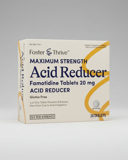 Foster &amp; Thrive® Maximum Strength Acid Reducer contains&nbsp;famotidine 20 mg, the same active ingredient found in maximum-strength Pepcid AC®. It helps both prevent and relieve heartburn associated with acid indigestion and sour stomach caused by certain foods and beverages. The formula is gluten-free and provides long-lasting acid reduction.