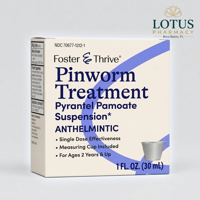 Foster &amp; Thrive Pinworm Treatment is an over-the-counter oral suspension containing pyrantel pamoate 144 mg/mL, equivalent to 50 mg of pyrantel base per mL. It is indicated for the treatment of pinworm infections in adults and children 2 years of age and older