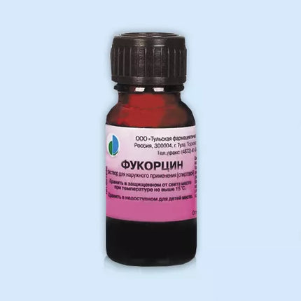 A bottle of FUCORCIN 25ML medical solution with a pink label on it, primarily used for treating minor cuts, scrapes, and burns.