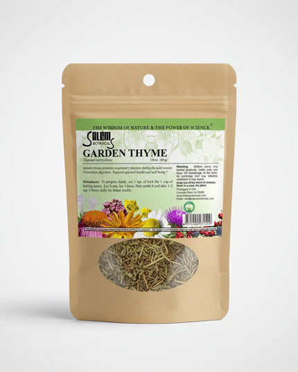 Garden thyme is a powerful traditional European herb known for its natural antibacterial, expectorant, and immune-supporting properties. It is commonly used to support respiratory health, soothe coughs and sore throats, and help the body fight colds and infections. Thyme also supports digestion and helps relieve bloating and stomach discomfort.

