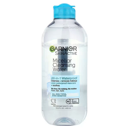 Garnier® SkinActive Micellar Cleansing Water for Waterproof Makeup is a bi-phase micellar cleanser and makeup remover specially formulated to effortlessly remove waterproof makeup, long-wear foundation, sunscreen, dirt, and excess oil without harsh rubbing or rinsing. The dual-phase formula combines micellar cleansing technology with a lightweight oil phase to dissolve even stubborn waterproof mascara while remaining gentle enough for all skin types, including sensitive skin. The formula is fragrance-free, 