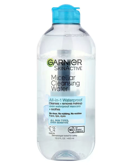 Garnier® SkinActive Micellar Cleansing Water for Waterproof Makeup is a bi-phase micellar cleanser and makeup remover specially formulated to effortlessly remove waterproof makeup, long-wear foundation, sunscreen, dirt, and excess oil without harsh rubbing or rinsing. The dual-phase formula combines micellar cleansing technology with a lightweight oil phase to dissolve even stubborn waterproof mascara while remaining gentle enough for all skin types, including sensitive skin. The formula is fragrance-free, 