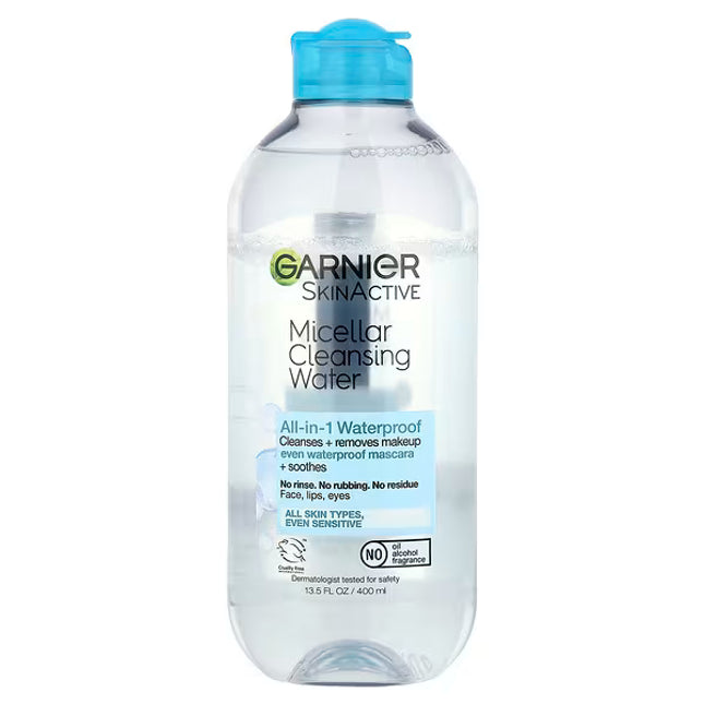 Garnier® SkinActive Micellar Cleansing Water for Waterproof Makeup is a bi-phase micellar cleanser and makeup remover specially formulated to effortlessly remove waterproof makeup, long-wear foundation, sunscreen, dirt, and excess oil without harsh rubbing or rinsing. The dual-phase formula combines micellar cleansing technology with a lightweight oil phase to dissolve even stubborn waterproof mascara while remaining gentle enough for all skin types, including sensitive skin. The formula is fragrance-free, 
