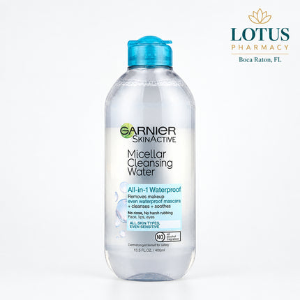 Garnier® SkinActive Micellar Cleansing Water for Waterproof Makeup is a bi-phase micellar cleanser and makeup remover specially formulated to effortlessly remove waterproof makeup, long-wear foundation, sunscreen, dirt, and excess oil without harsh rubbing or rinsing. The dual-phase formula combines micellar cleansing technology with a lightweight oil phase to dissolve even stubborn waterproof mascara while remaining gentle enough for all skin types, including sensitive skin. The formula is fragrance-free, 