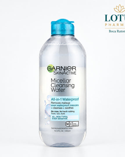 Garnier® SkinActive Micellar Cleansing Water for Waterproof Makeup is a bi-phase micellar cleanser and makeup remover specially formulated to effortlessly remove waterproof makeup, long-wear foundation, sunscreen, dirt, and excess oil without harsh rubbing or rinsing. The dual-phase formula combines micellar cleansing technology with a lightweight oil phase to dissolve even stubborn waterproof mascara while remaining gentle enough for all skin types, including sensitive skin. The formula is fragrance-free, 