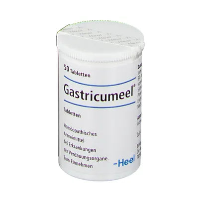 Container of Gastricumel tablets on a white background