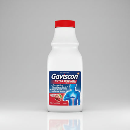 Gaviscon® Extra Strength Liquid Antacid provides fast relief from heartburn, acid indigestion, sour stomach, and acid reflux symptoms. Its dual-action formula neutralizes excess stomach acid and forms a protective foam barrier that helps reduce acid reflux into the esophagus. The smooth cherry-flavored liquid offers effective relief and soothing comfort for occasional digestive discomfort.