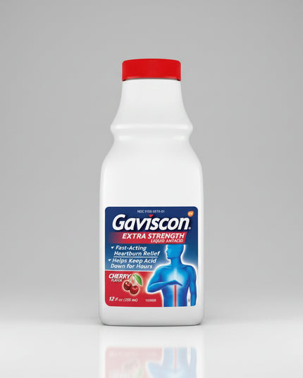 Gaviscon® Extra Strength Liquid Antacid provides fast relief from heartburn, acid indigestion, sour stomach, and acid reflux symptoms. Its dual-action formula neutralizes excess stomach acid and forms a protective foam barrier that helps reduce acid reflux into the esophagus. The smooth cherry-flavored liquid offers effective relief and soothing comfort for occasional digestive discomfort.