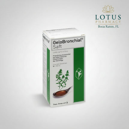 GeloBronchial Saft is a German herbal cough syrup containing thyme fluid extract. It is used for respiratory colds with thick, difficult-to-clear mucus and to help relieve symptoms associated with acute bronchitis. Thyme preparations are traditionally used to support expectoration and help loosen bronchial secretions.