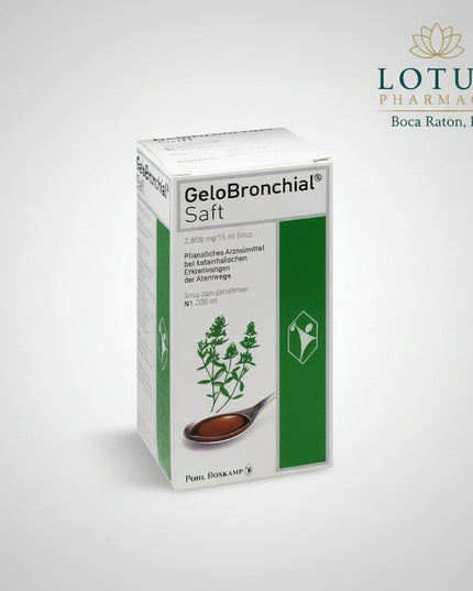 GeloBronchial Saft is a German herbal cough syrup containing thyme fluid extract. It is used for respiratory colds with thick, difficult-to-clear mucus and to help relieve symptoms associated with acute bronchitis. Thyme preparations are traditionally used to support expectoration and help loosen bronchial secretions.