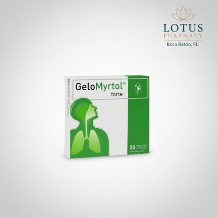 GeloMyrtol Forte is a German herbal respiratory medicine containing Myrtol standardized 300 mg per capsule. It is used to help loosen thick mucus and support mucus clearance in acute and chronic bronchitis and inflammation of the sinuses.

The enteric-coated soft capsules are designed to pass through the stomach before releasing their contents in the intestine. GeloMyrtol Forte is commonly used when respiratory congestion is associated with thick secretions, sinus pressure, or productive cough.