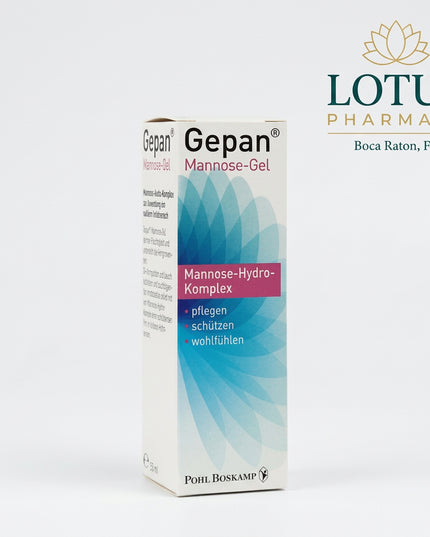Gepan Mannose-Gel is a German intimate-care hydrogel formulated for the external intimate area. It combines D-mannose, hyaluronic acid, xylitol, lactic acid, pentylene glycol, and caprylyl glycol to moisturize, soothe, and support the skin’s natural protective barrier.