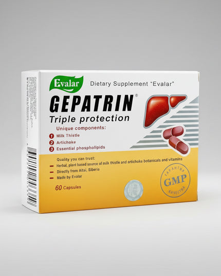 Gepatrin by Evalar is a dietary supplement formulated to support&nbsp;liver health, detoxification processes, and metabolic balance. The formula combines essential phospholipids, herbal extracts, and antioxidant vitamins to help maintain normal liver function and protect liver cells from oxidative stress.background