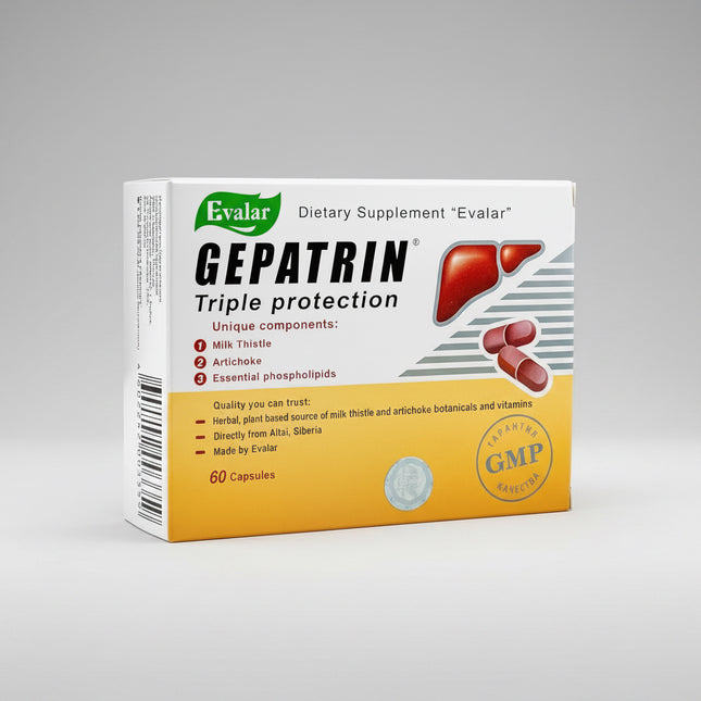 Gepatrin by Evalar is a dietary supplement formulated to support&nbsp;liver health, detoxification processes, and metabolic balance. The formula combines essential phospholipids, herbal extracts, and antioxidant vitamins to help maintain normal liver function and protect liver cells from oxidative stress.background