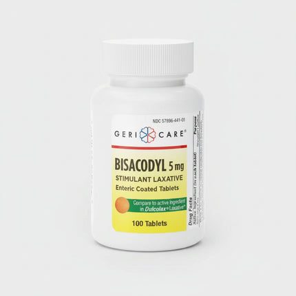 Geri-Care Bisacodyl 5 mg Delayed-Release Tablets are a stimulant laxative designed to provide dependable overnight relief from occasional constipation and irregularity. The enteric-coated tablets are formulated to resist stomach acid and dissolve in the intestines, helping stimulate natural bowel movement activity. Relief typically occurs within 6 to 12 hours after use.