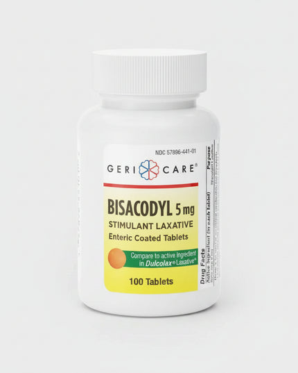 Geri-Care Bisacodyl 5 mg Delayed-Release Tablets are a stimulant laxative designed to provide dependable overnight relief from occasional constipation and irregularity. The enteric-coated tablets are formulated to resist stomach acid and dissolve in the intestines, helping stimulate natural bowel movement activity. Relief typically occurs within 6 to 12 hours after use.