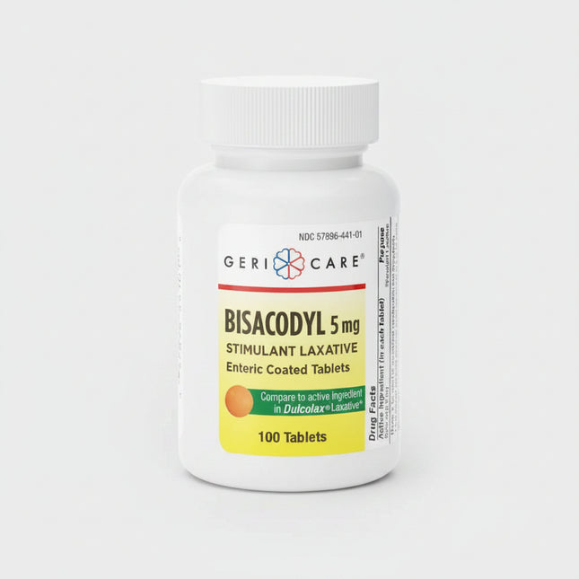 Geri-Care Bisacodyl 5 mg Delayed-Release Tablets are a stimulant laxative designed to provide dependable overnight relief from occasional constipation and irregularity. The enteric-coated tablets are formulated to resist stomach acid and dissolve in the intestines, helping stimulate natural bowel movement activity. Relief typically occurs within 6 to 12 hours after use.