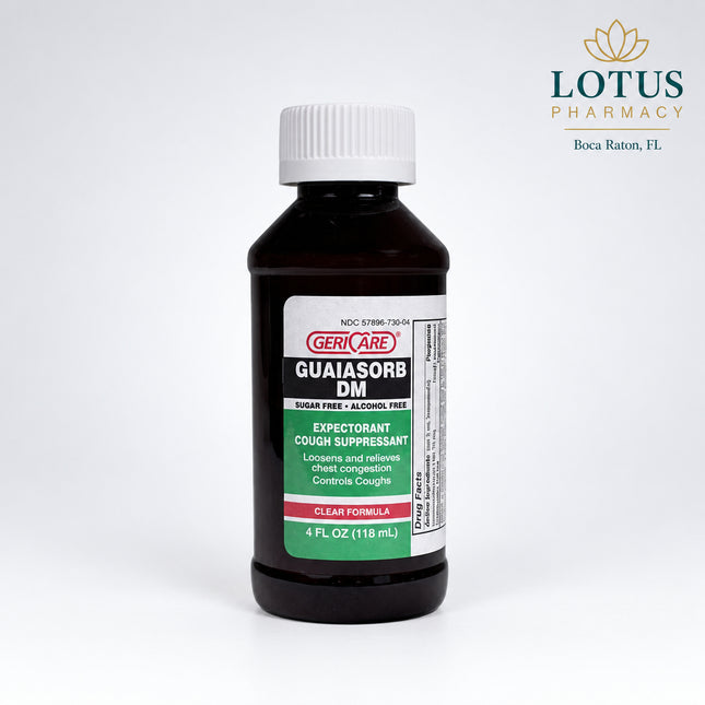 GeriCare Guaiasorb DM is a dual-action cough medicine that combines an expectorant and a cough suppressant to help relieve coughs associated with colds and minor respiratory irritation. It helps loosen and thin mucus in the airways while reducing the urge to cough, making breathing more comfortable and helping clear chest congestion. The liquid formula is suitable for adults and children as directed.