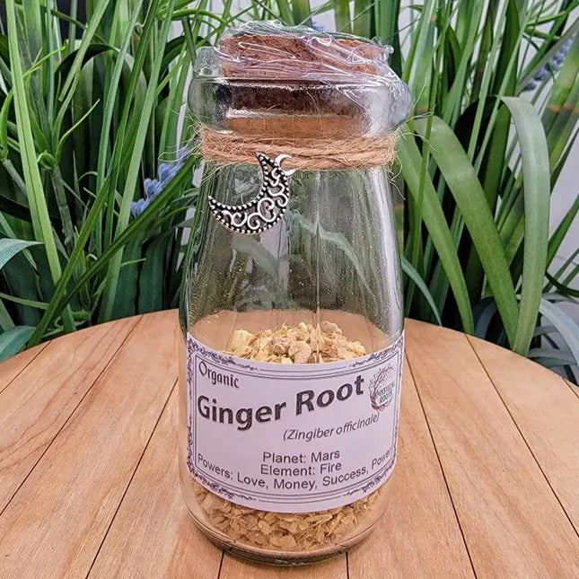 Glass bottle labeled 'Organic Ginger Root' on a wooden surface with plants in the background