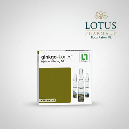 Ginkgo-Loges® Injektionslösung D4 is a German homeopathic medicinal product for injection manufactured by Dr. Loges + Co. GmbH.

Each 2 mL ampoule contains Ginkgo biloba e foliis sicc. Dil. D4, a homeopathic preparation made from dried Ginkgo biloba leaves. The package contains 10 single-dose ampoules, providing a total volume of 20 mL (0.02 L).