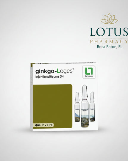 Ginkgo-Loges® Injektionslösung D4 is a German homeopathic medicinal product for injection manufactured by Dr. Loges + Co. GmbH.

Each 2 mL ampoule contains Ginkgo biloba e foliis sicc. Dil. D4, a homeopathic preparation made from dried Ginkgo biloba leaves. The package contains 10 single-dose ampoules, providing a total volume of 20 mL (0.02 L).