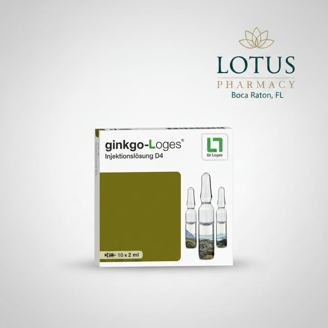 Ginkgo-Loges® Injektionslösung D4 is a German homeopathic medicinal product for injection manufactured by Dr. Loges + Co. GmbH.

Each 2 mL ampoule contains Ginkgo biloba e foliis sicc. Dil. D4, a homeopathic preparation made from dried Ginkgo biloba leaves. The package contains 10 single-dose ampoules, providing a total volume of 20 mL (0.02 L).