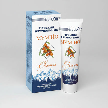Girskiy Rjativnik (Mountain Rescuer) Cream-Balm with Mumijo &amp; Sea Buckthorn by Elixir is a Ukrainian topical body-care balm formulated for dry, damaged, irritated, and stressed skin.

The formula combines mumijo (shilajit) and sea buckthorn oil with a botanical complex that includes aloe, chamomile, St. John’s wort, peppermint, celandine, and badyaga. Ukrainian product information describes the balm as supporting skin regeneration and local circulation.