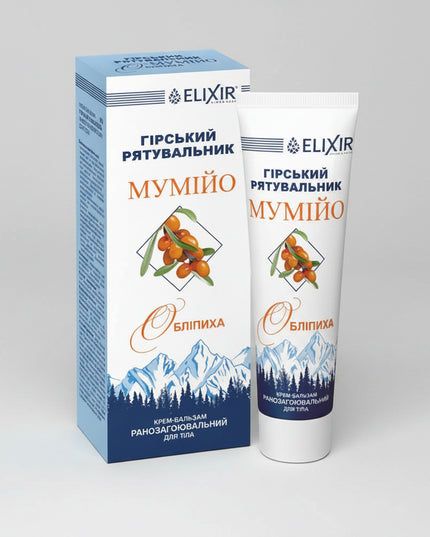 Girskiy Rjativnik (Mountain Rescuer) Cream-Balm with Mumijo &amp; Sea Buckthorn by Elixir is a Ukrainian topical body-care balm formulated for dry, damaged, irritated, and stressed skin.

The formula combines mumijo (shilajit) and sea buckthorn oil with a botanical complex that includes aloe, chamomile, St. John’s wort, peppermint, celandine, and badyaga. Ukrainian product information describes the balm as supporting skin regeneration and local circulation.