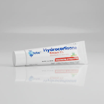 Globe Hydrocortisone Cream 1% is a topical corticosteroid cream formulated to provide temporary relief from itching, redness, inflammation, and discomfort associated with minor skin irritations. The non-greasy cream helps soothe irritated skin and is commonly used for insect bites, eczema, dermatitis, allergic skin reactions, and rashes.