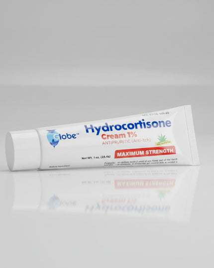 Globe Hydrocortisone Cream 1% is a topical corticosteroid cream formulated to provide temporary relief from itching, redness, inflammation, and discomfort associated with minor skin irritations. The non-greasy cream helps soothe irritated skin and is commonly used for insect bites, eczema, dermatitis, allergic skin reactions, and rashes.
