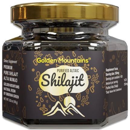 Jar of Golden Mountains Shilajit with gold lid on a white background