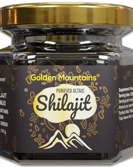 Jar of Golden Mountains Shilajit with gold lid on a white background