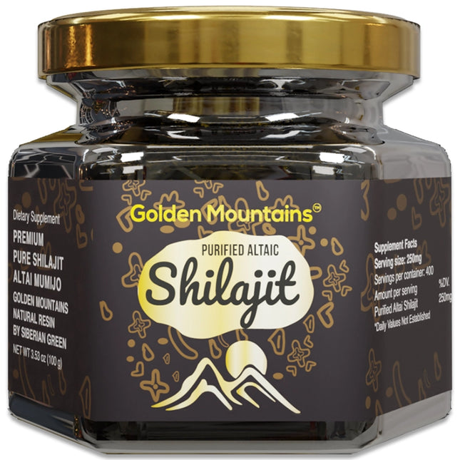 Jar of Golden Mountains Shilajit with gold lid on a white background